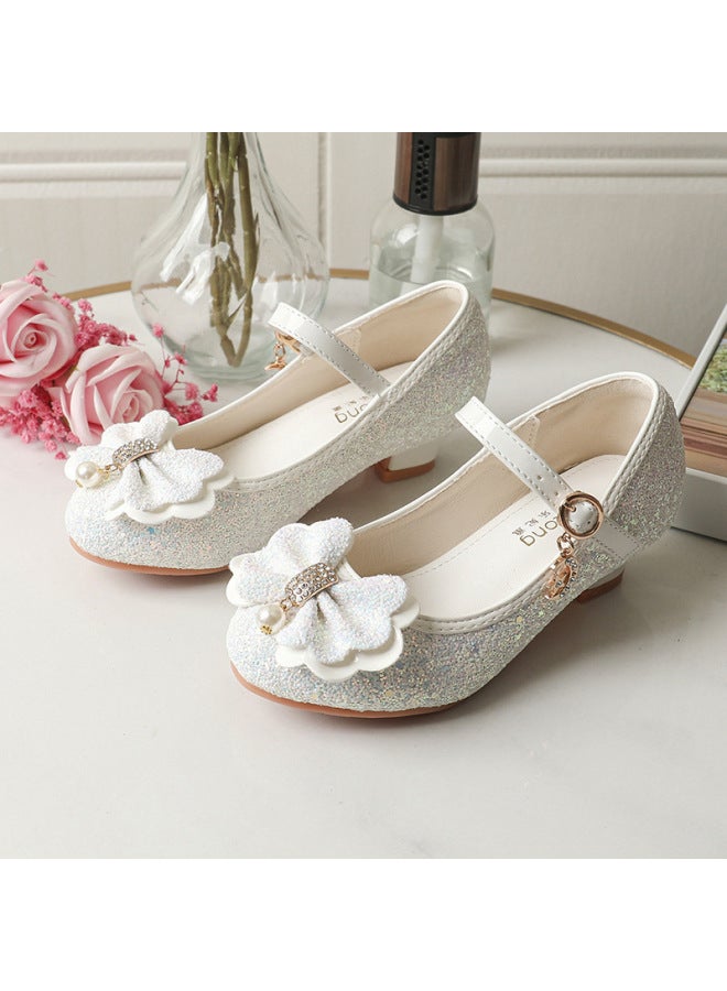 Girls' High Heels Spring New Children's Princess Shoes All-match Soft-soled Silver Crystal Shoes Little Girl's Performance Leather Shoes