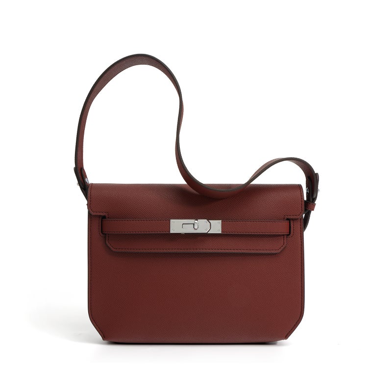 Genuine Leather Vintage Kelly Bag Womens High-end All-match Underarm Commuter Messenger Bag Top Layer Cowhide Shoulder Crossbody Bag for Women Bordeaux Red (gift box bag)