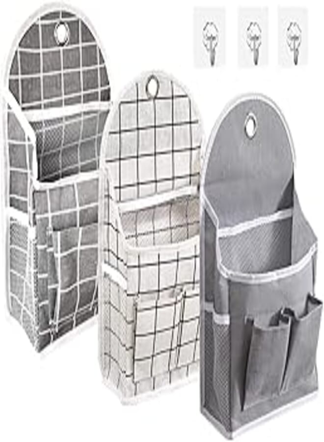 SYOSI 3 Pcs Fabric Wall Hanging Storage Caddy Bag,Over The Door Closet Organizer with 3 Free Sticky Hooks，Desktop Cotton Linen Hanging Storage Basket for Bedroom Bathroom