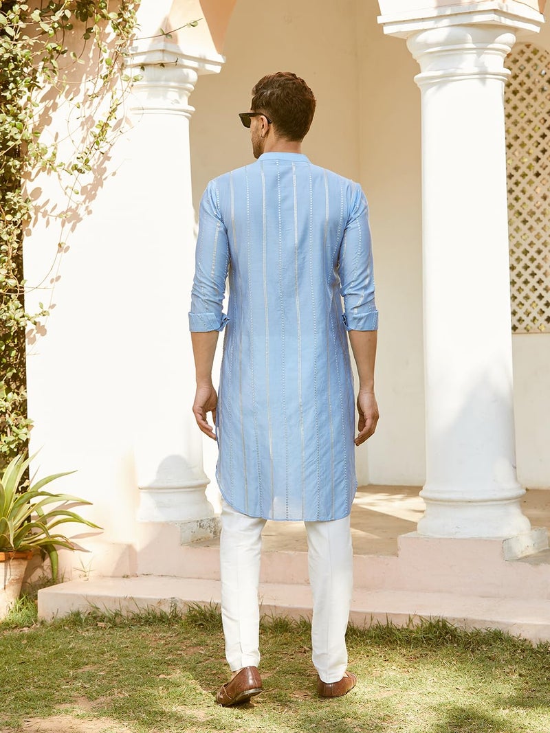 See Designs Men Full Sleeve Turquoise Blue Chanderi Silk Sequins Cotton Mandarin Collar Side Slit Kurta With Pyjama - SD2MKT_144401M - Image 5
