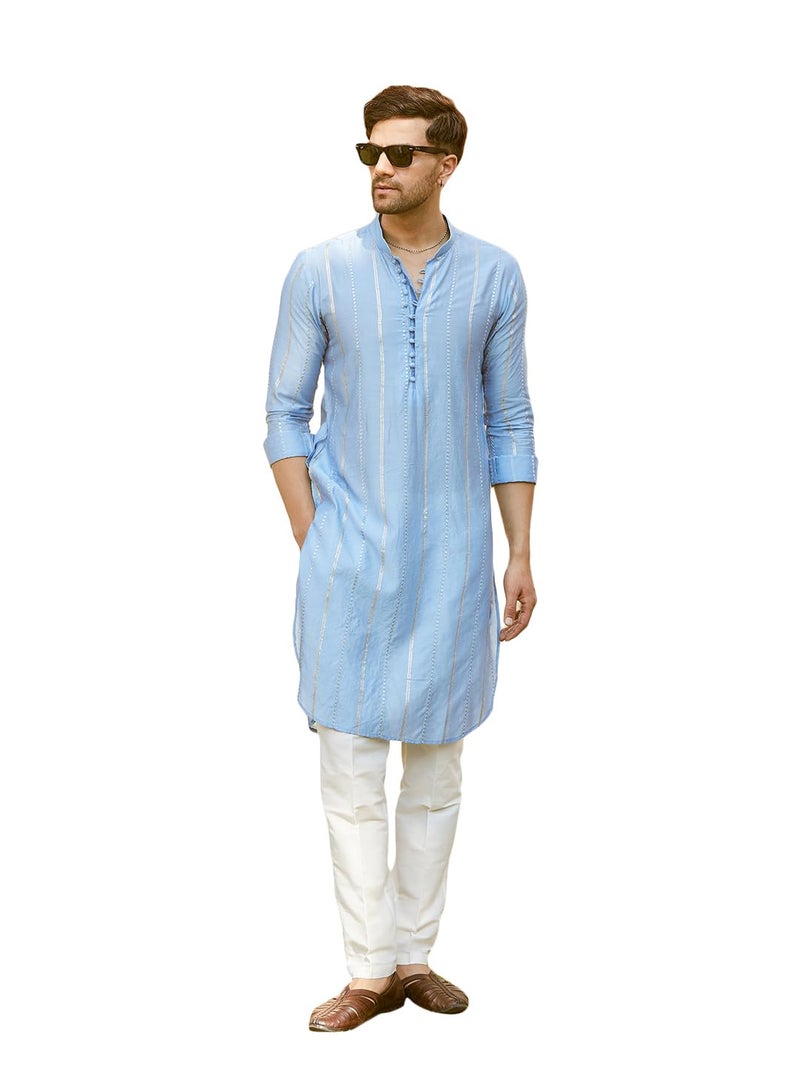 See Designs Men Full Sleeve Turquoise Blue Chanderi Silk Sequins Cotton Mandarin Collar Side Slit Kurta With Pyjama - SD2MKT_144401M - Image 1