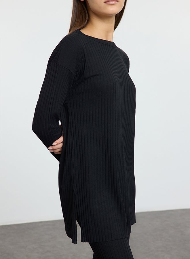trendyol Black Slit Blouse Palazzo Bottom Ribbed Stretchy Knitted Bottom-Top Suit - Image 4