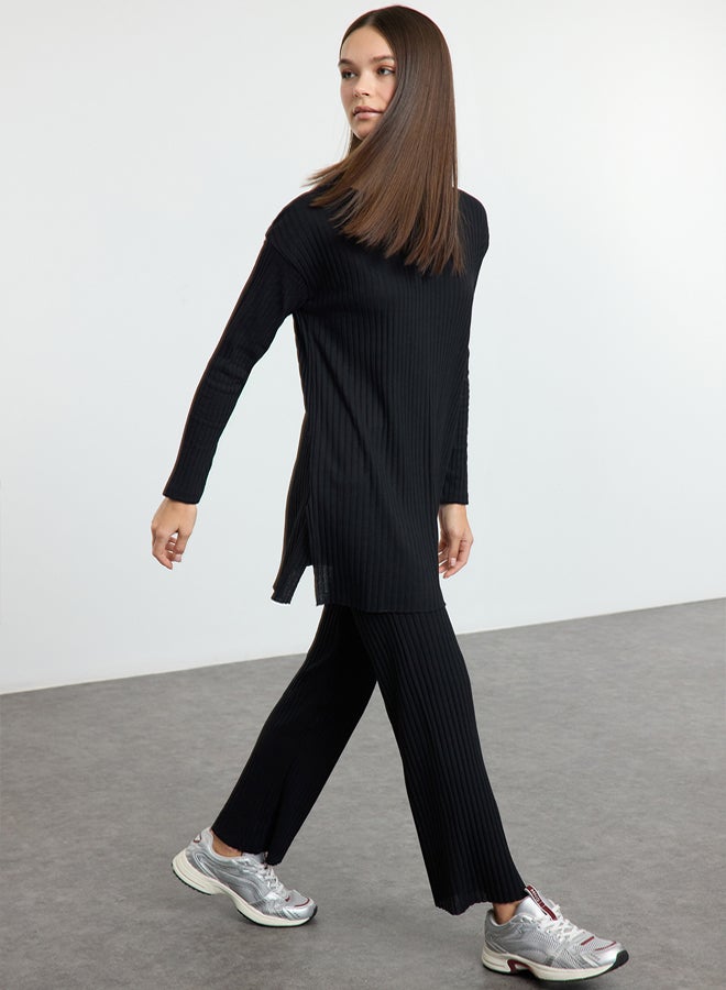 trendyol Black Slit Blouse Palazzo Bottom Ribbed Stretchy Knitted Bottom-Top Suit - Image 3