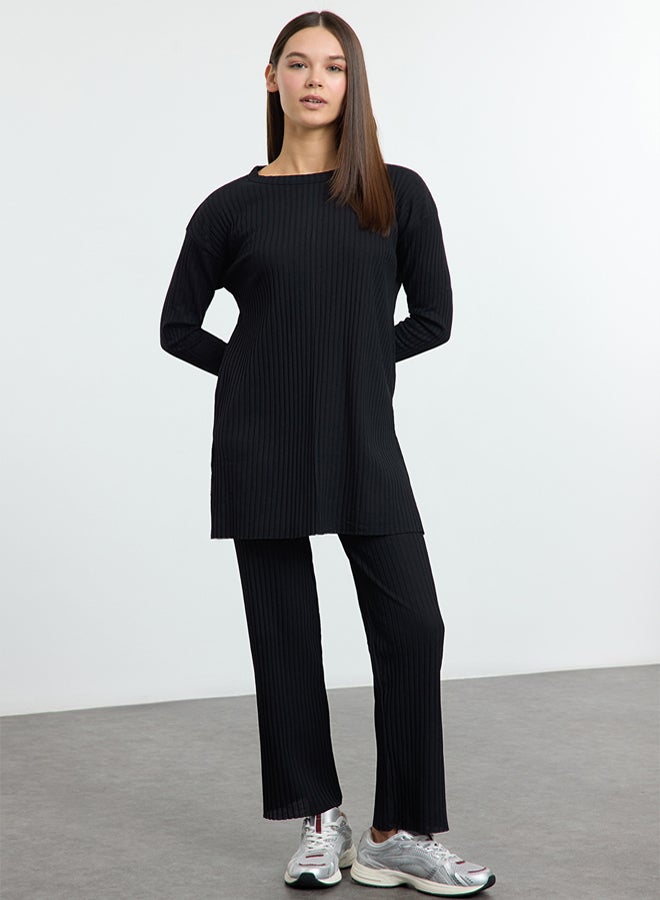 trendyol Black Slit Blouse Palazzo Bottom Ribbed Stretchy Knitted Bottom-Top Suit - Image 2