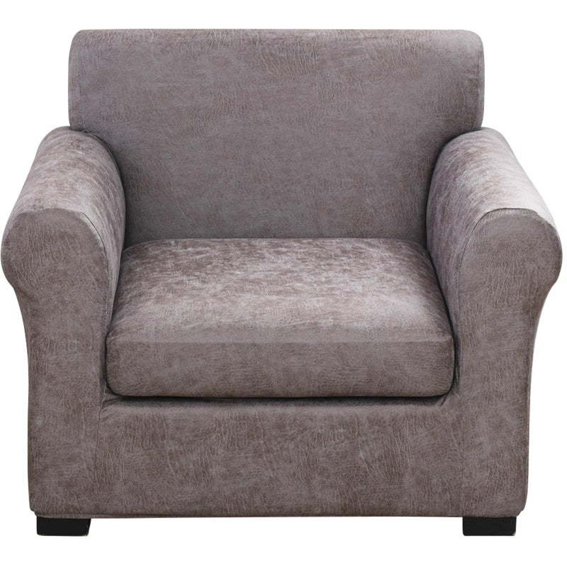 FUANGUI 2 Piece Chair Covers Stretch Arm Covers Chair Couch Covers, Faux Leather Looking Armchair Slipcover with Separate Chair Cushion Cover, Washable Chair Protector for Living Room - Grey - Image 1