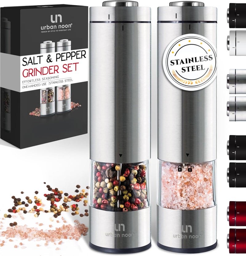urban noon Electric Salt and Pepper Grinder Set - Battery Operated Stainless Steel Mill with Light (2 Mills) - Automatic One Handed Operation - Electronic Adjustable Shakers - Ceramic Grinders - Image 1