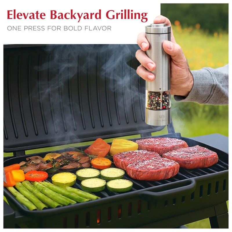 urban noon Electric Salt and Pepper Grinder Set - Battery Operated Stainless Steel Mill with Light (2 Mills) - Automatic One Handed Operation - Electronic Adjustable Shakers - Ceramic Grinders - Image 5