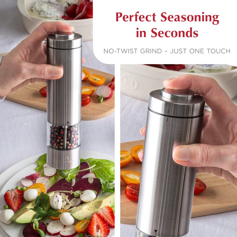 urban noon Electric Salt and Pepper Grinder Set - Battery Operated Stainless Steel Mill with Light (2 Mills) - Automatic One Handed Operation - Electronic Adjustable Shakers - Ceramic Grinders - Image 2