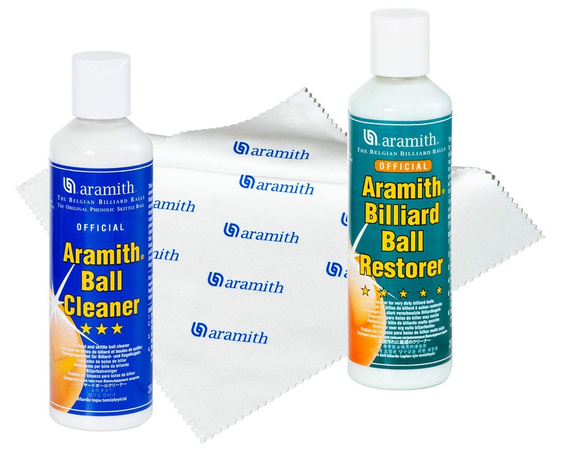 Aramith Bundle of 3 Items Billiard Ball Cleaner, Billiard Ball Restorer 8.4 fl.oz. Bottles Microfibre Cloth - Image 1