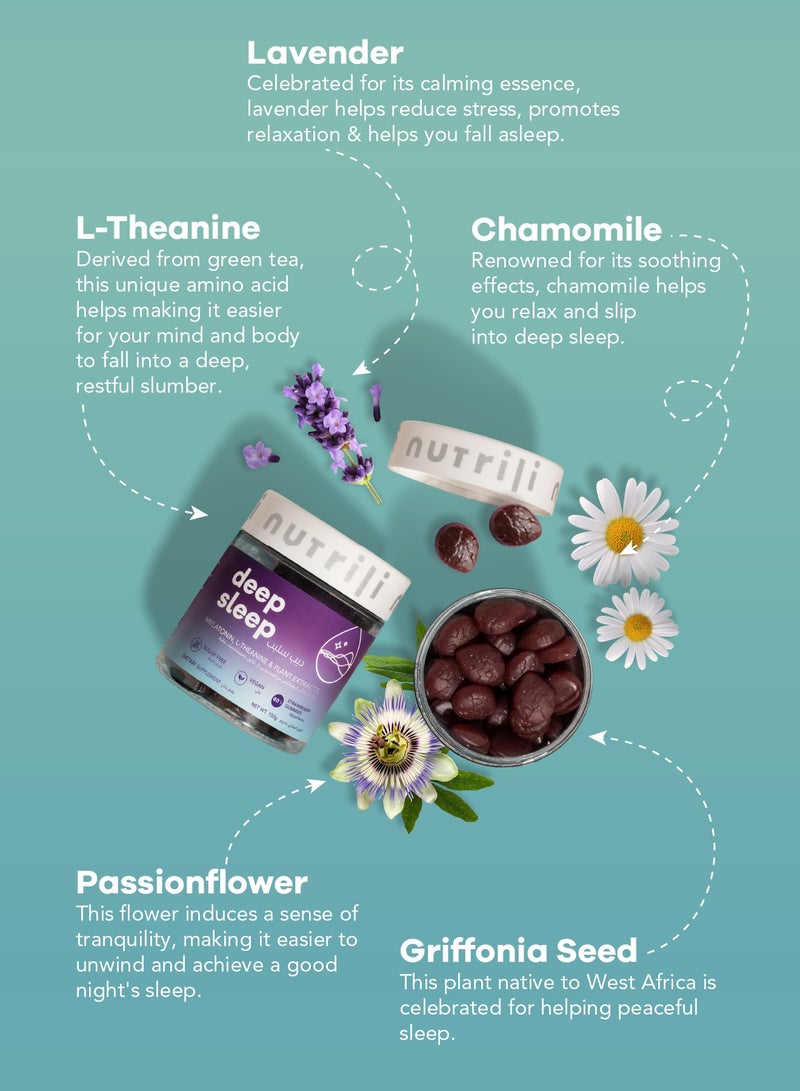 نوتريلي ديب سليب 150 جم، لدعم النوم، ميلاتونين، إل-ثيانين، زهرة العاطفة، البابونج، اللافندر، الجريفونيا، إكليل الجبل – 60 علكة - Image 4