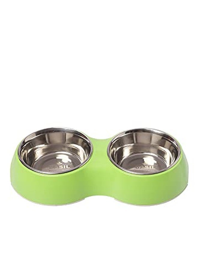 Basil Double Dinner Set for Pets - Stainless Steel Food & Water Bowls with Green Melamine Base (Medium, 800ml) - Ideal for Dogs, Cats & Puppies