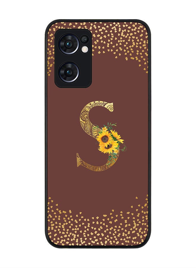 Stylizedd Rugged Black edge case for Oppo Reno7 5G  Slim fit Soft Case Flexible Rubber Edges Anti Drop TPU Gel Thin Cover - Custom Monogram Initial Letter Floral Pattern Alphabet - S (Brown ) - Image 1