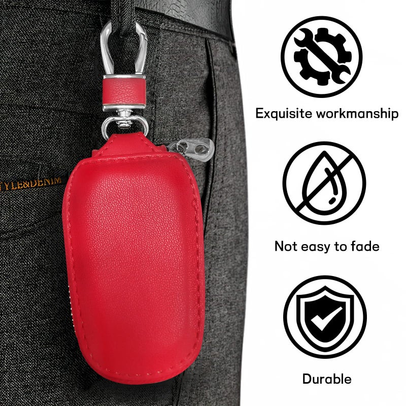 Wogomz Car Key Case, Genuine Leather Auto Key Fob Protector, Universal Key Fob Cover Case with Metal Hook, Car Smart Keychain Holder for Remote Key Fob, Vehicle Keyring Zipper Bag (Red) - Image 4