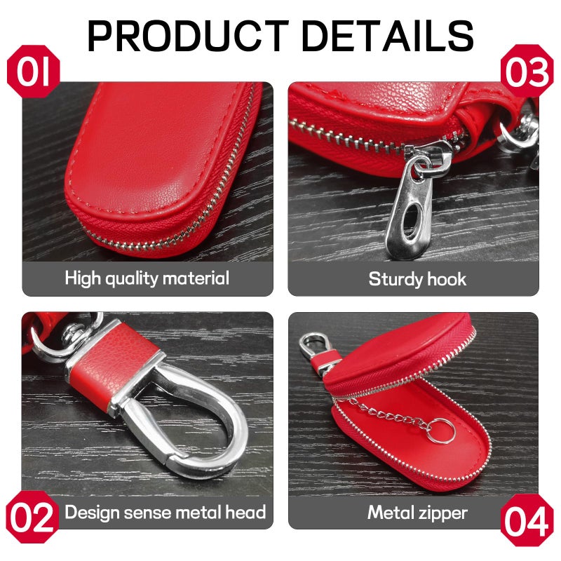 Wogomz Car Key Case, Genuine Leather Auto Key Fob Protector, Universal Key Fob Cover Case with Metal Hook, Car Smart Keychain Holder for Remote Key Fob, Vehicle Keyring Zipper Bag (Red) - Image 3