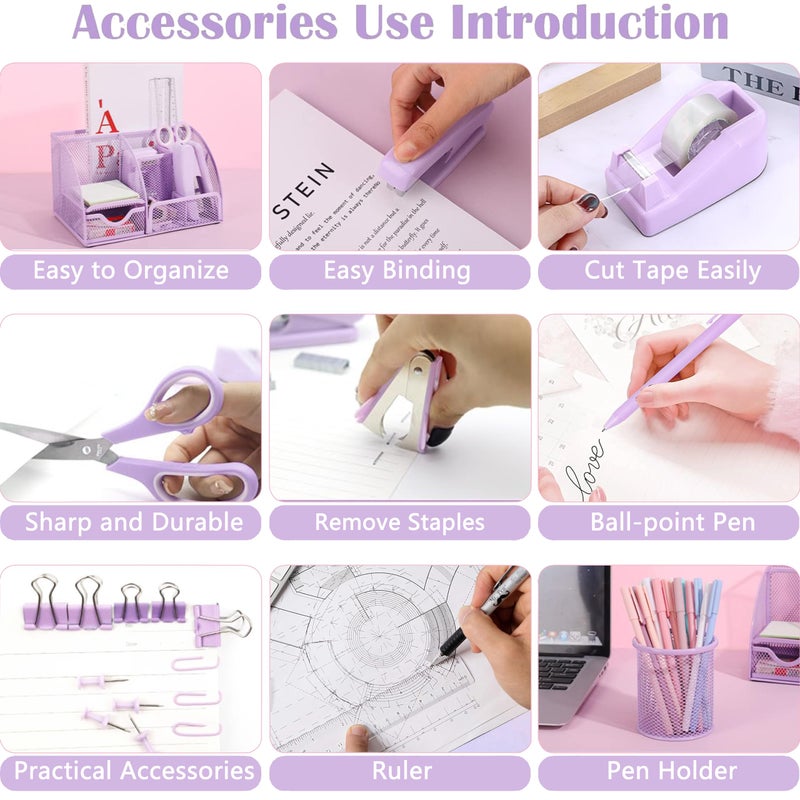 Scindaly Purple Office Desk Accessories Supplies, 12pcs Desk Organizers and Accessories with Tape dispenser and Stapler,Staples,Staple Remover,Pen Holder,Scissor,Ruler,Sticky Tabs,Tape,Ballpoint Pen,Clips Set - Image 5