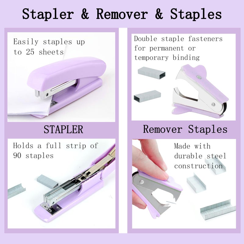 Scindaly Purple Office Desk Accessories Supplies, 12pcs Desk Organizers and Accessories with Tape dispenser and Stapler,Staples,Staple Remover,Pen Holder,Scissor,Ruler,Sticky Tabs,Tape,Ballpoint Pen,Clips Set - Image 3