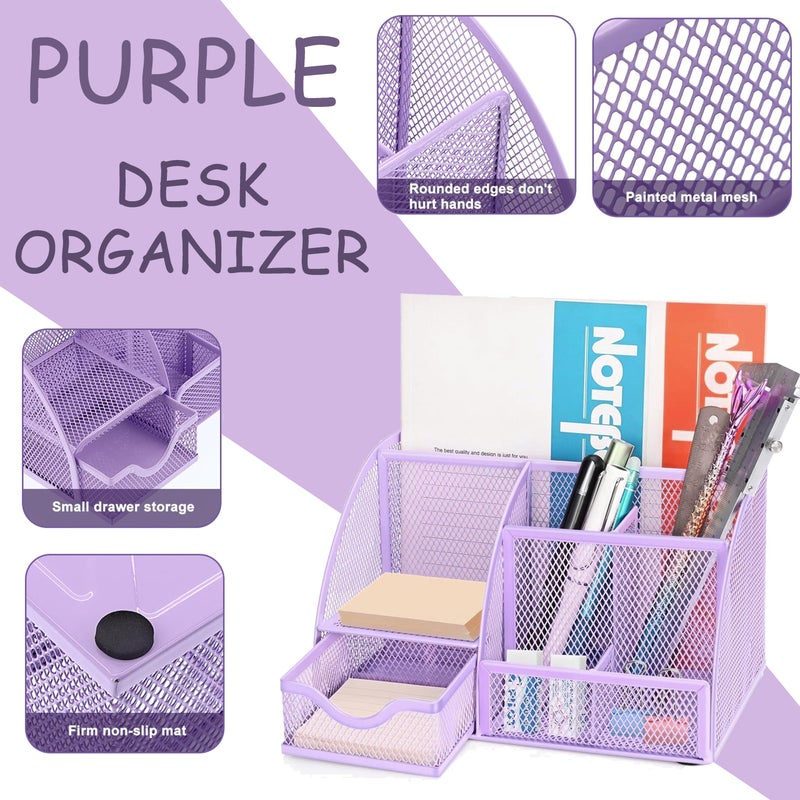 Scindaly Purple Office Desk Accessories Supplies, 12pcs Desk Organizers and Accessories with Tape dispenser and Stapler,Staples,Staple Remover,Pen Holder,Scissor,Ruler,Sticky Tabs,Tape,Ballpoint Pen,Clips Set - Image 2