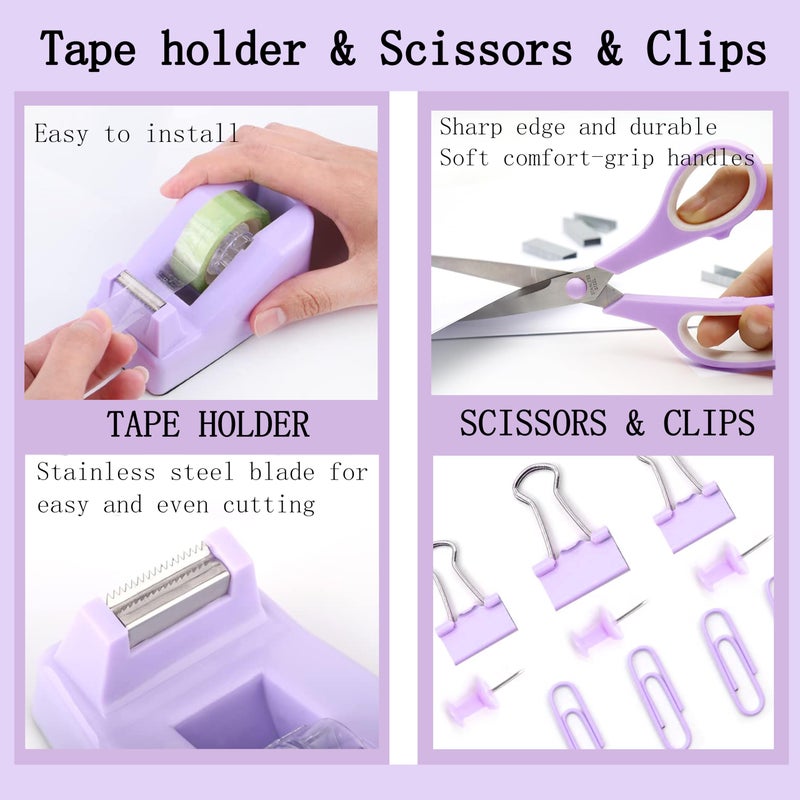Scindaly Purple Office Desk Accessories Supplies, 12pcs Desk Organizers and Accessories with Tape dispenser and Stapler,Staples,Staple Remover,Pen Holder,Scissor,Ruler,Sticky Tabs,Tape,Ballpoint Pen,Clips Set - Image 4