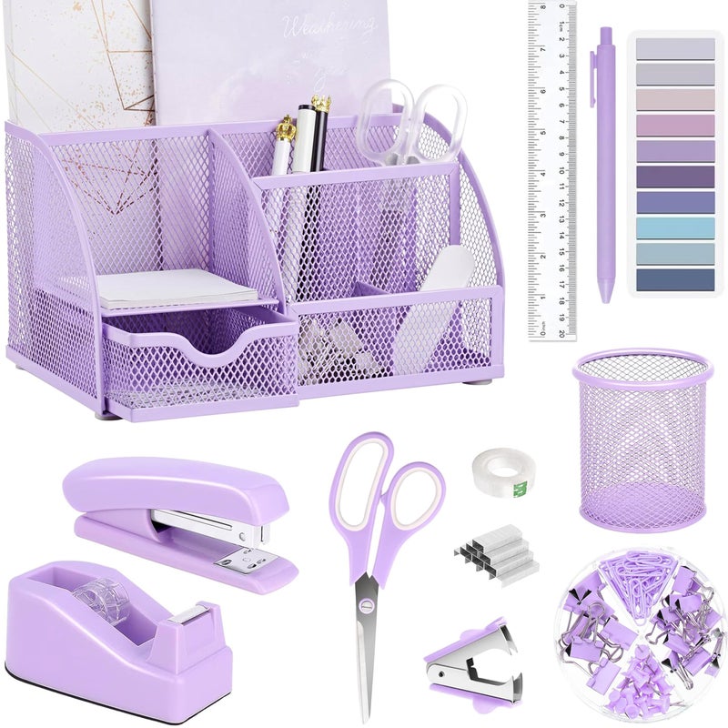 Scindaly Purple Office Desk Accessories Supplies, 12pcs Desk Organizers and Accessories with Tape dispenser and Stapler,Staples,Staple Remover,Pen Holder,Scissor,Ruler,Sticky Tabs,Tape,Ballpoint Pen,Clips Set - Image 1
