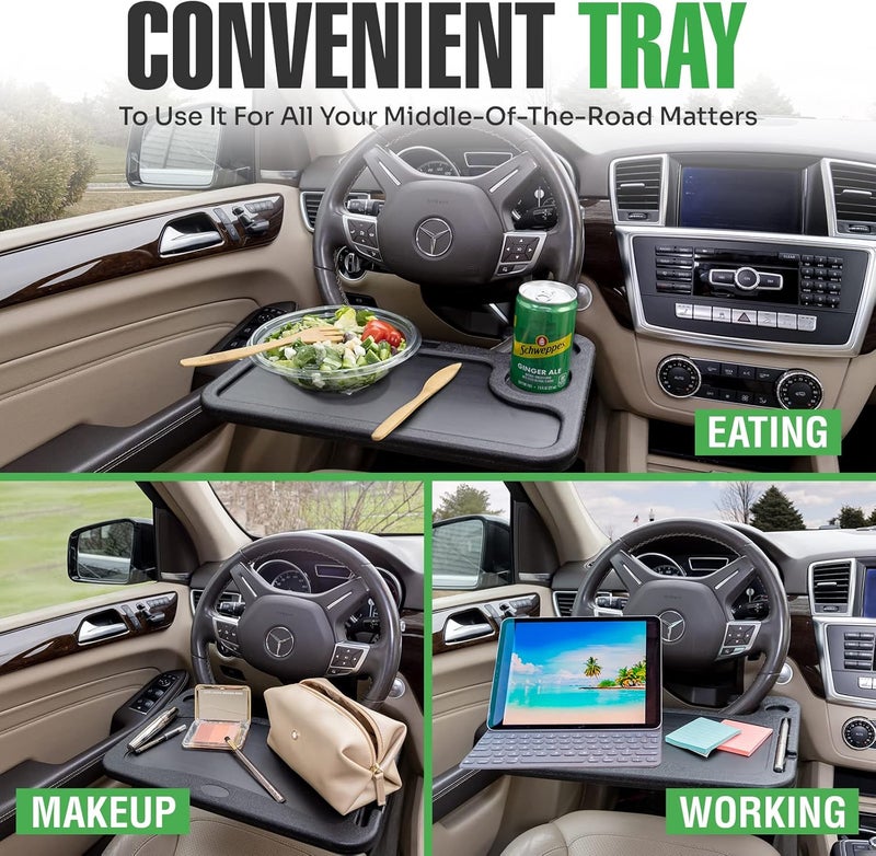 lebogner Steering Wheel Desk Tray for Eating, Laptops - Hooks Onto Most Vehicle Steering Wheels, Road Trip Accessory, Car Table - Image 2
