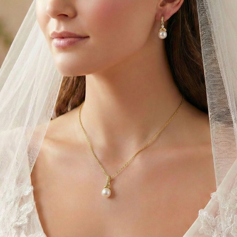 Mariell Gold Pearl Drop Bridal Necklace Earrings Set with CZ Crystals for Brides, Prom, Birthday Gift - Image 2