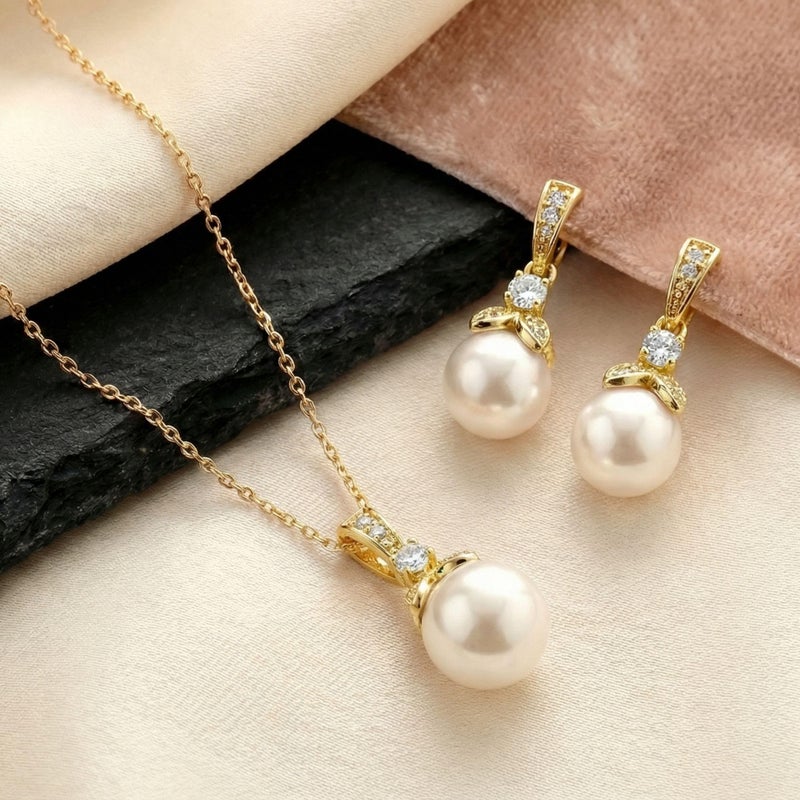 Mariell Gold Pearl Drop Bridal Necklace Earrings Set with CZ Crystals for Brides, Prom, Birthday Gift - Image 3