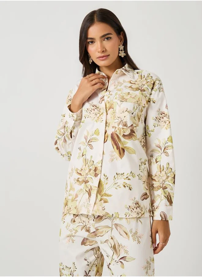 ستايلي Styli Printed Long Sleeve Shirt with Wide Leg Pants Co-Ords
