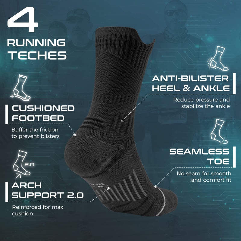Rahhint Compression Running Socks 3 Pairs, Cushion Crew Socks, Anti-Blister Moisture Wicking Athletic Hiking Basketball Socks - Image 5