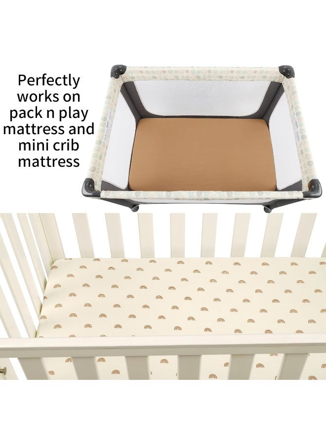 Onacosht Muslin Pack n Play Sheets Soft Breathable 100% Cotton Mini Crib Fitted Sheets Portable/Convertible Playard Mattress Cover 2 Pack for Baby Boy and Girl, Natural and Rainbow - Image 2