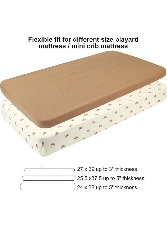 Onacosht Muslin Pack n Play Sheets Soft Breathable 100% Cotton Mini Crib Fitted Sheets Portable/Convertible Playard Mattress Cover 2 Pack for Baby Boy and Girl, Natural and Rainbow - Image 4