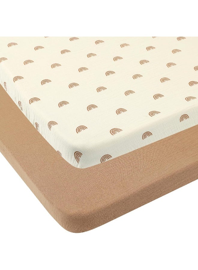 Onacosht Muslin Pack n Play Sheets Soft Breathable 100% Cotton Mini Crib Fitted Sheets Portable/Convertible Playard Mattress Cover 2 Pack for Baby Boy and Girl, Natural and Rainbow - Image 1