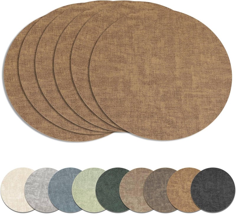 NCUE 13" Round Placemats Set of 6, Reversible Faux Leather Heat Resistant Table Mats, Waterproof Oilproof Wipeable Table Protective Placemats for Vinyl, Washable for Indoor & Outdoor Use (6, Light Brown) - Image 1