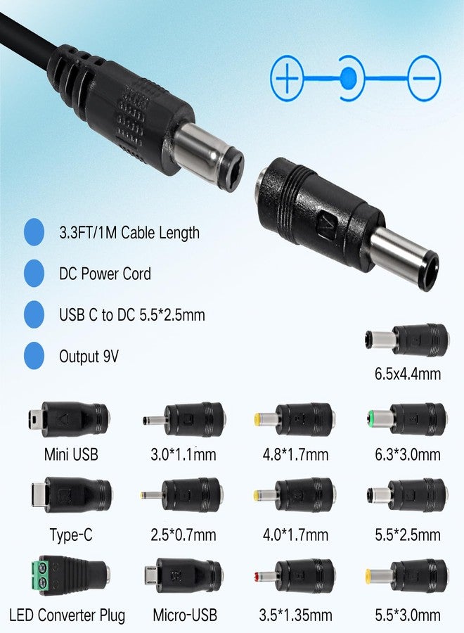 MELIFE USB C to DC 9V Power Cord, Universal DC 5.5x2.5mm (Compatible with 5.5 x 2.1mm) Plug Jack Charging Cable with 13 Connector Tips, 3.3ft USB C Input to DC 9V Out Charging Cable - Image 2