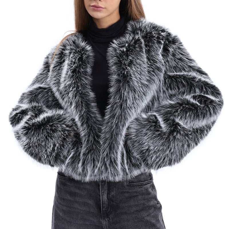 Amazhiyu Women's Faux Fur Long Sleeve Open-front Winter Cropped Coat with Pockets Black, Small - Image 1