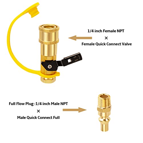 DozyAnt 1/4" RV Propane Quick Connect Adapter for Propane Hose, Propane or Natural Gas 1/4" Quick Connect or Disconnect Kit - Shutoff Valve & Full Flow Plug - 100% Solid Brass - Image 2