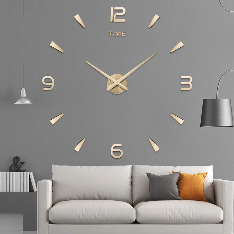 AILILIFE 3D DIY Wall Clock Decor Sticker Mirror Frameless Large DIY Wall Clock Kit for Home Living Room Bedroom Office Decoration (Gold) - Image 2