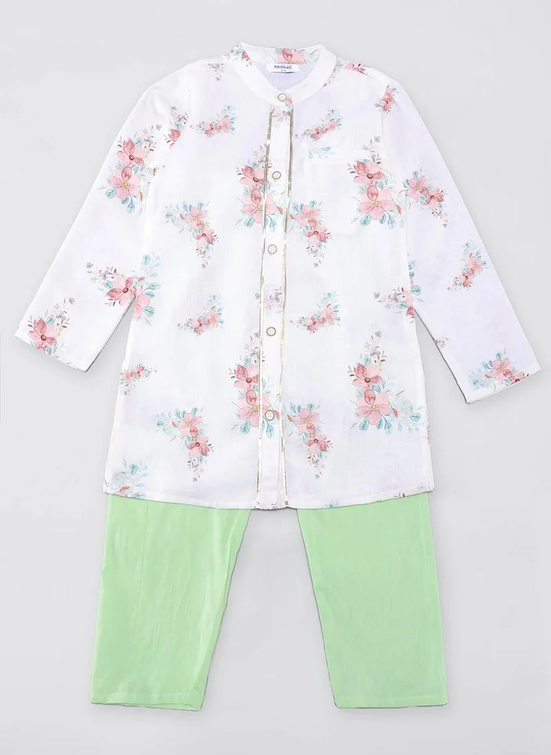 نوتيناتي Nautinati Boys White Linen Floral Print Full Sleeve Ethnic Kurta with Pastel Green Pyjama