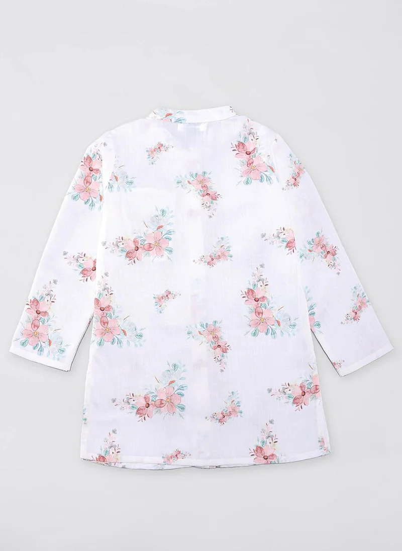 نوتيناتي Nautinati Boys White Linen Floral Print Full Sleeve Ethnic Kurta with Pastel Green Pyjama