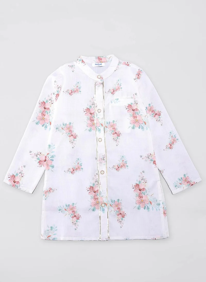 نوتيناتي Nautinati Boys White Linen Floral Print Full Sleeve Ethnic Kurta with Pastel Green Pyjama