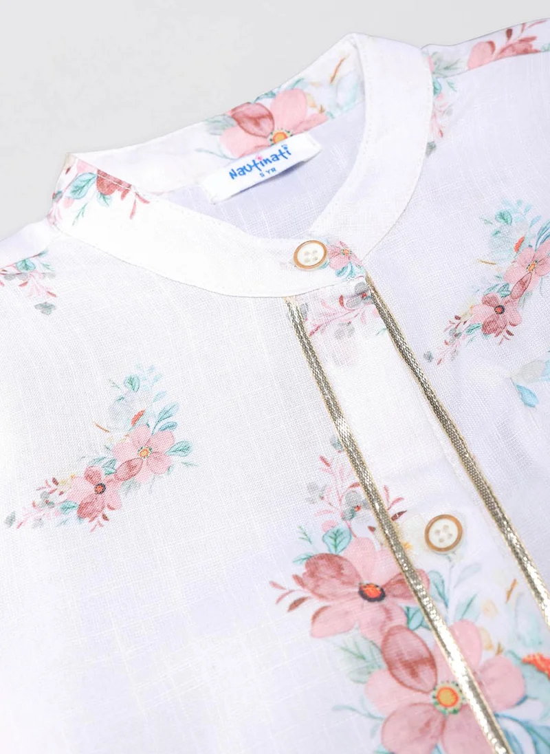 نوتيناتي Nautinati Boys White Linen Floral Print Full Sleeve Ethnic Kurta with Pastel Green Pyjama
