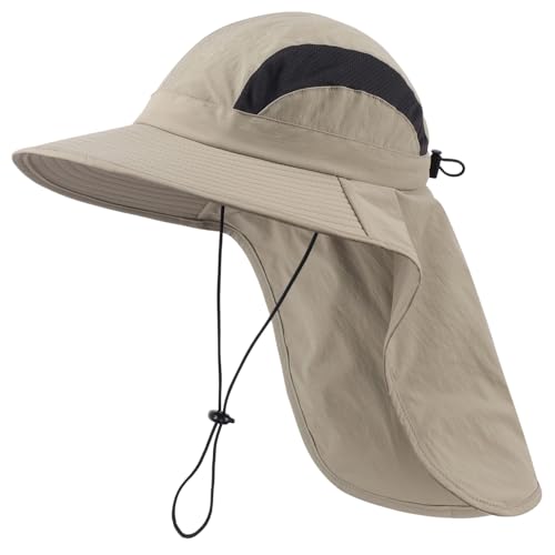 Home Prefer UPF 50 Wide Brim Sun Hat with Neck Flap for Men Women UV Protection Bucket Hat for Fishing Gardening Hiking Beach Safari Vert Khaki - Image 1
