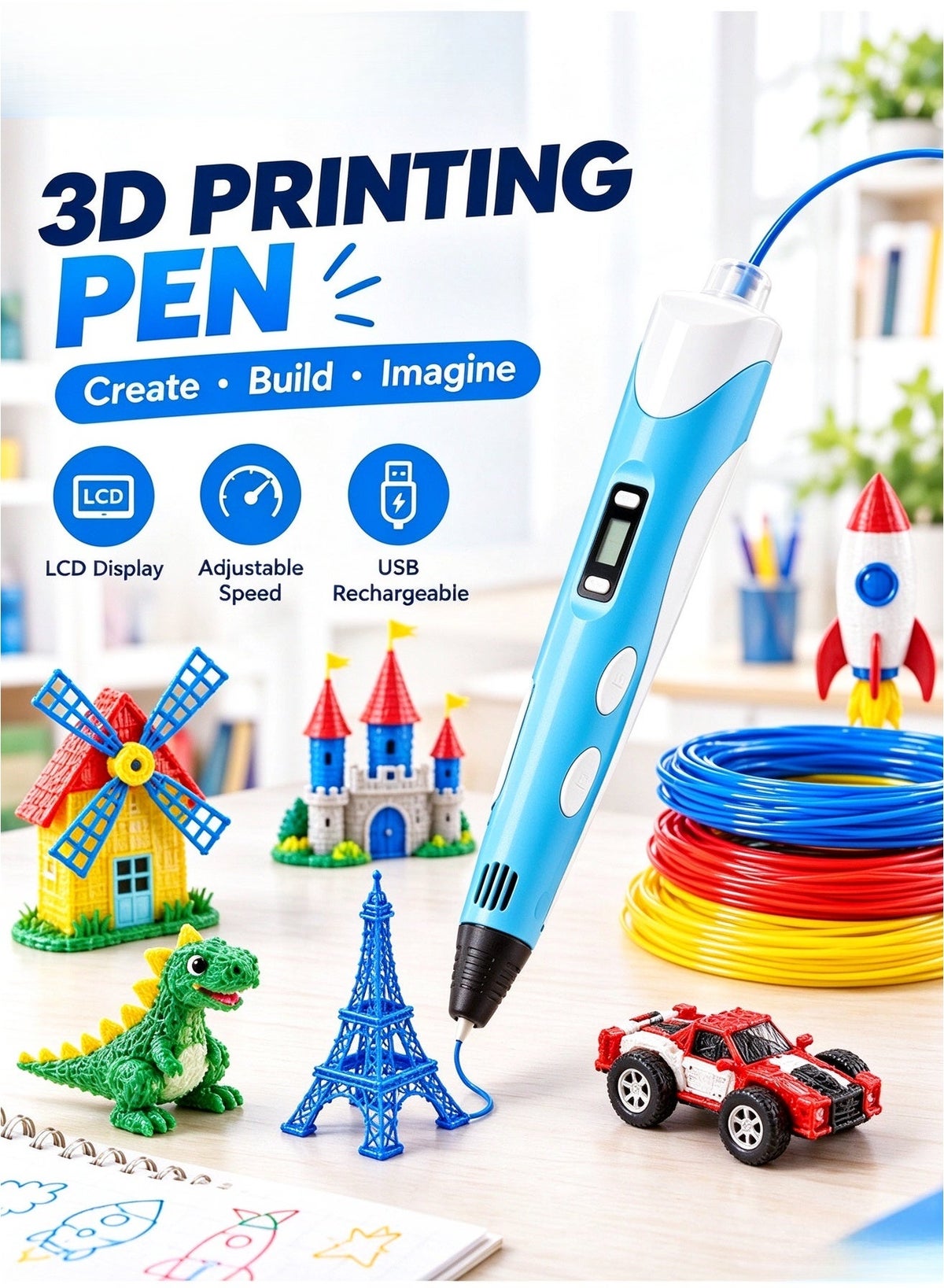 Generic 3D Printing Pen with LCD Display, 3 PLA Filament Colors ...