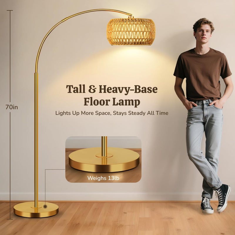 FUNNYBEHOM Gold Floor Lamps for Living Room, Arc Floor Lamp with Remote & Dimmable Bulb, Boho Standing lamp with 3 Color Temperatures, Adjustable Rattan & Fabric Shades Tall Lamp, Over Couch Reading Lamp - Image 3
