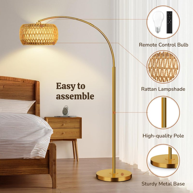 FUNNYBEHOM Gold Floor Lamps for Living Room, Arc Floor Lamp with Remote & Dimmable Bulb, Boho Standing lamp with 3 Color Temperatures, Adjustable Rattan & Fabric Shades Tall Lamp, Over Couch Reading Lamp - Image 4