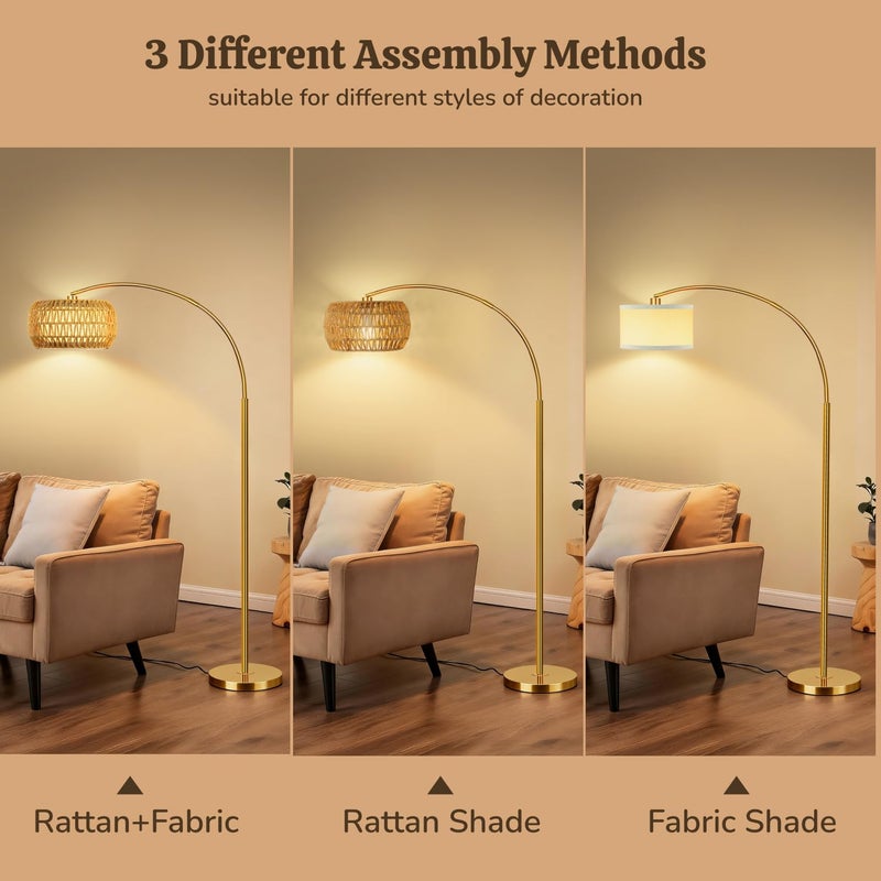 FUNNYBEHOM Gold Floor Lamps for Living Room, Arc Floor Lamp with Remote & Dimmable Bulb, Boho Standing lamp with 3 Color Temperatures, Adjustable Rattan & Fabric Shades Tall Lamp, Over Couch Reading Lamp - Image 5