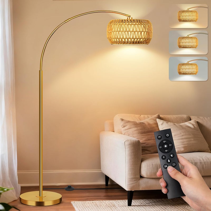 FUNNYBEHOM Gold Floor Lamps for Living Room, Arc Floor Lamp with Remote & Dimmable Bulb, Boho Standing lamp with 3 Color Temperatures, Adjustable Rattan & Fabric Shades Tall Lamp, Over Couch Reading Lamp - Image 1