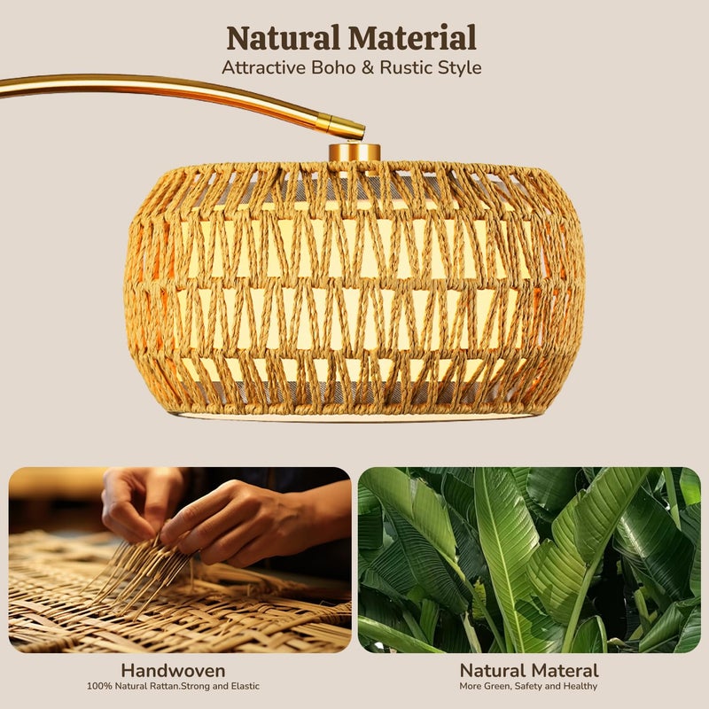 FUNNYBEHOM Gold Floor Lamps for Living Room, Arc Floor Lamp with Remote & Dimmable Bulb, Boho Standing lamp with 3 Color Temperatures, Adjustable Rattan & Fabric Shades Tall Lamp, Over Couch Reading Lamp - Image 2