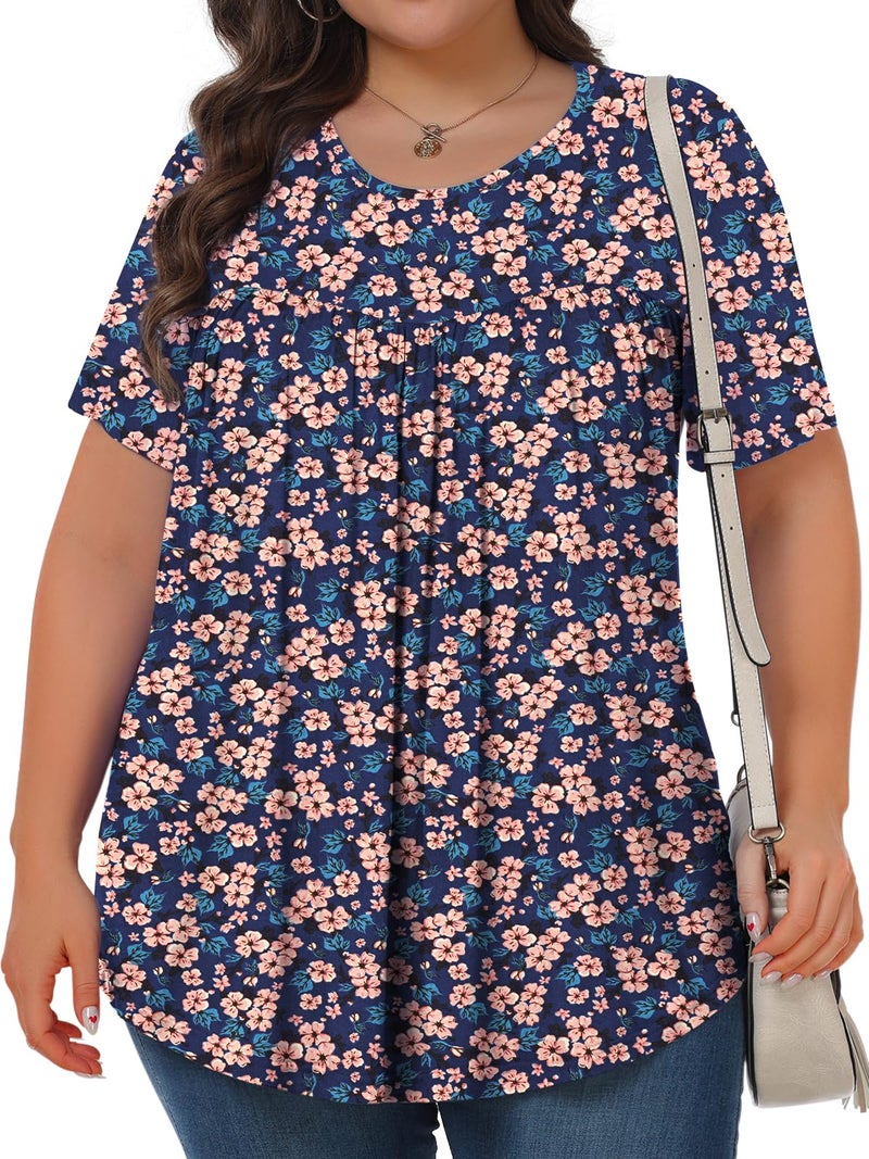 Tencede Womens Plus Size Tops Tunic Short Sleeve Crew Neck Shirts Casual Soft Blouse Blue Four Leaf Flower 3X - Image 2