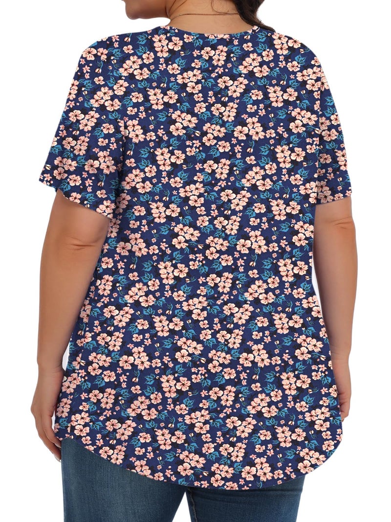 Tencede Womens Plus Size Tops Tunic Short Sleeve Crew Neck Shirts Casual Soft Blouse Blue Four Leaf Flower 3X - Image 4