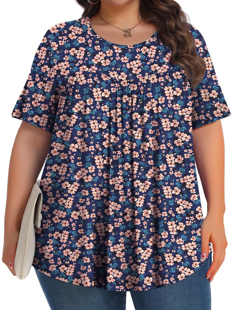 Tencede Womens Plus Size Tops Tunic Short Sleeve Crew Neck Shirts Casual Soft Blouse Blue Four Leaf Flower 3X - Image 3